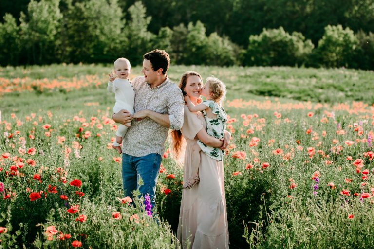 Lifestyle family session in the flower field, Dogwood Farms