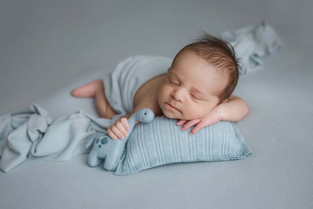 sleeping-newborn-baby-boy-holding-blue-dinosaur-on-sky-blue-blanket-during-newborn-photo-session-Greensboro-newborn-photographer-studio