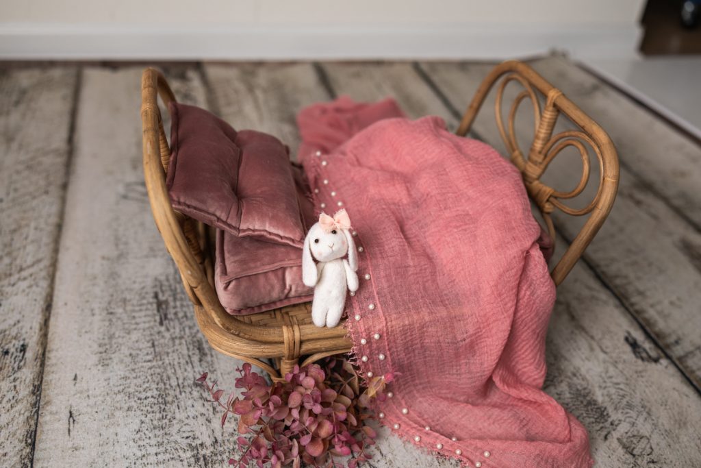 newborn photography session baby bed setup