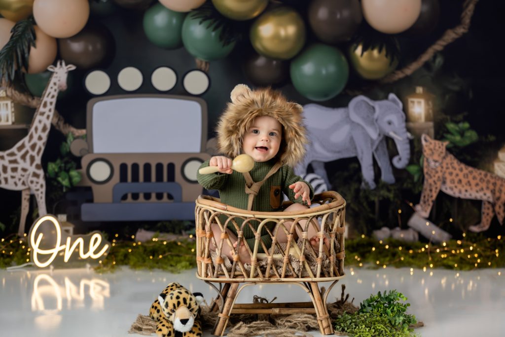 baby boy in lion bonnet sitting in bamboo crib during first birthday cake smash photography session with greensboro baby photographer