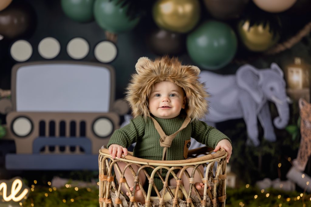 baby boy in lion bonnet sitting in bamboo crib during first birthday cake smash photography session with greensboro baby photographer