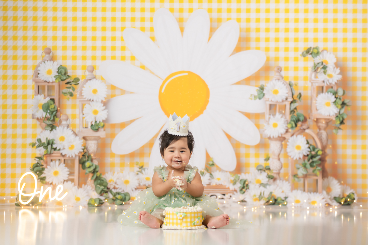 baby-girl-first-birthday-cake-smash-photo-session-daisy-theme-greensboro-baby-photographer