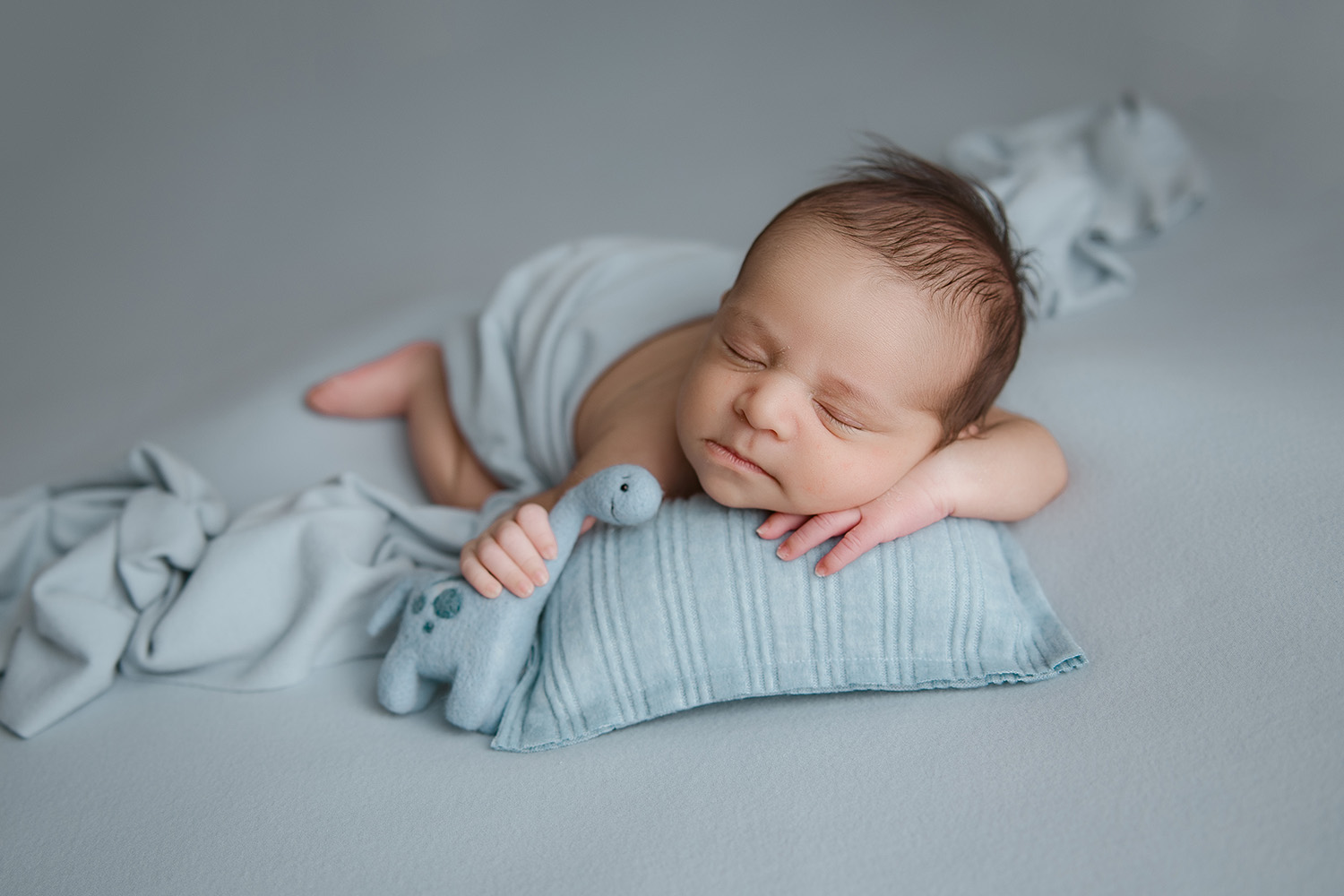 sleeping-newborn-baby-boy-holding-blue-dinosaur-on-sky-blue-blanket-during-newborn-photo-session-Greensboro-newborn-photographer-studio